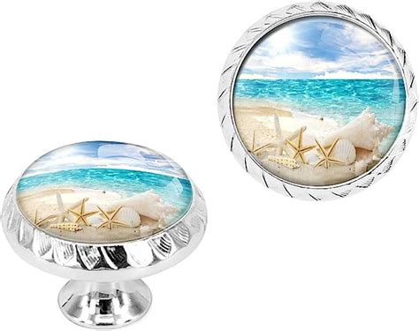 4 Pack Silver Drawer Knobs Pulls Ocean Beach Starfish Seashell Blue