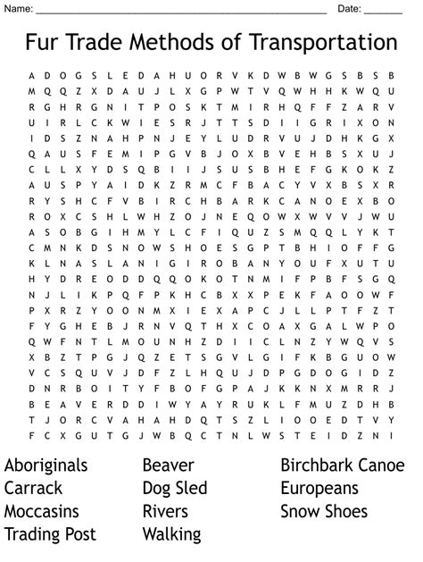 Fur Trade Methods Of Transportation Word Search Wordmint