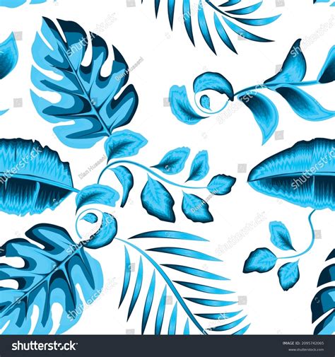 Blue Monochromatic Palm Tropical Leaves Seamless Stock Vector Royalty Free 2095742065