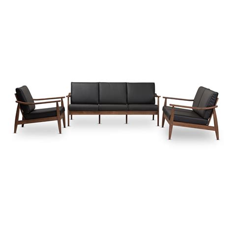 Baxton Studio Venza Mid Century Modern Walnut Wood Black Faux Leather 3