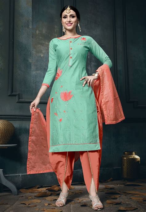 Sea Green Cotton Dhoti Salwar Suit 163513 Dress Materials Dhoti