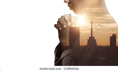 Double Exposure Hand Girl Praying City Stock Photo 1728945226