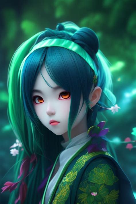 Sasseycat1964 A Young Yokai Woman With Dark Skin And Long Green Hair