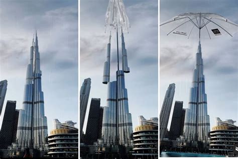 Dubai Rain Giant Umbrella On Top Of Burj Khalifa In Sheikh Hamdan