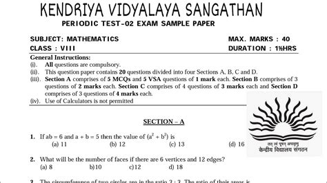 Class 8 Maths Periodic Test Pt 2 Sample Question Paper For Kendriya