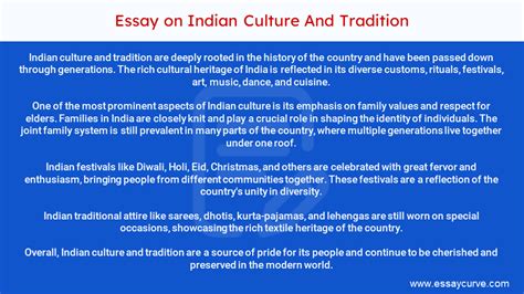 Indian Culture And Tradition Essay In 10 Lines 100 To 1500 Words