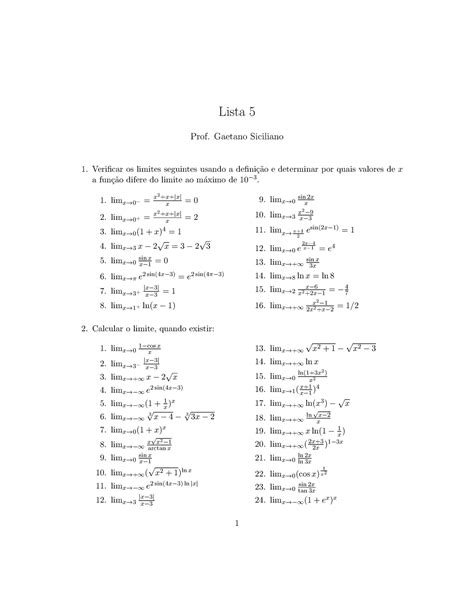 Lista Bases Matem Ticas Lista Prof Gaetano Siciliano