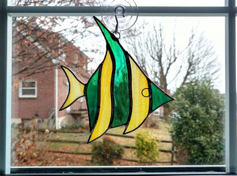 Stained Glass Fish Suncatcher Angel Fish Green Yellow Tropical Fish