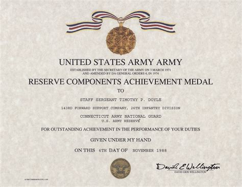 Army Reserve Components Achievement Medal certificate