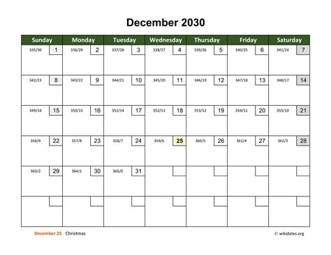 December 2030 Calendar with Day Numbers | WikiDates.org