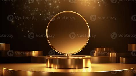 Golden podium with round frame on black background. Award ceremony ...