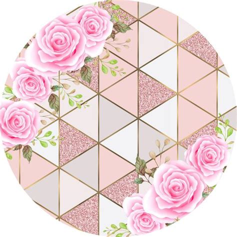 Painel De Lona Redondo Flores Rosas E Fundo Formas Glitter