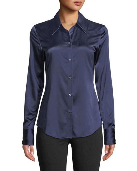 Theory Perfect Fitted 2 Stretch Satin Long Sleeve Button Down Blouse In