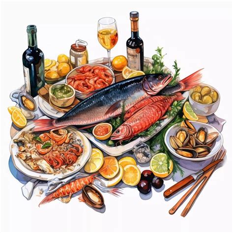 Premium Photo Watercolor Seafood And Wine Seafood Dinner Painting