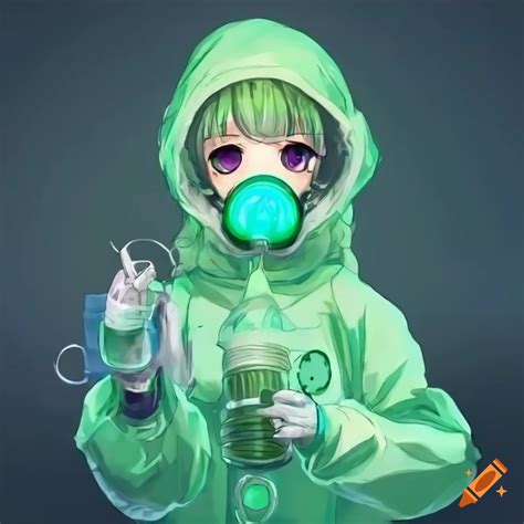 Anime Girl In Lab Outfit With Gas Mask Holding A Glowing Green Chemical