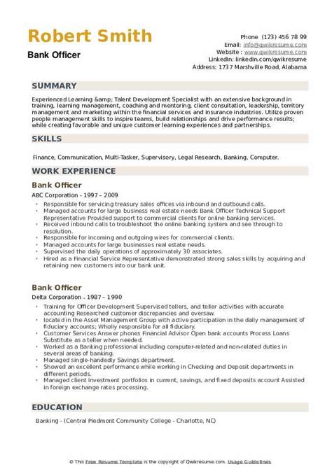 Bank Officer Resume Samples Qwikresume