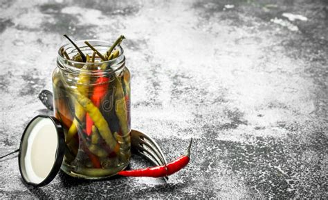 Pickled Hot Chili Peppers In Glass Jar Stock Photo Image Of Chili