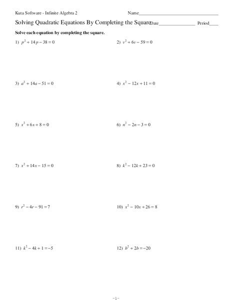 Solving Quadratic Equations by Completing the Square Worksheet for 9th ...