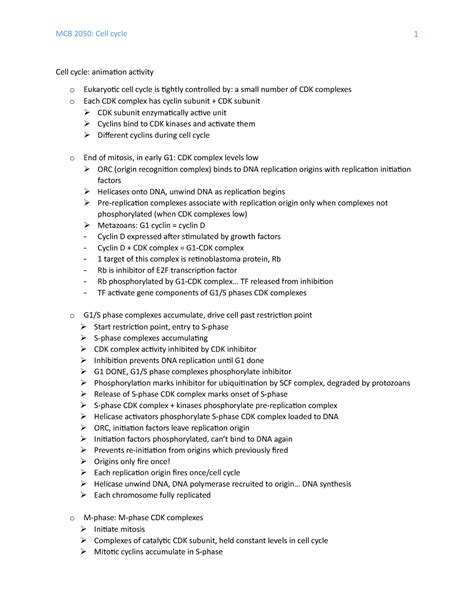 5 Cell Cycle MCB 2050 Cell Cycle Cell Cycle Animation Activity O O