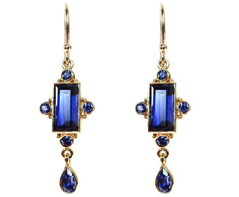 Art Deco Sapphire Drop Earrings Antique Solid Gold Hook Wire Etsy