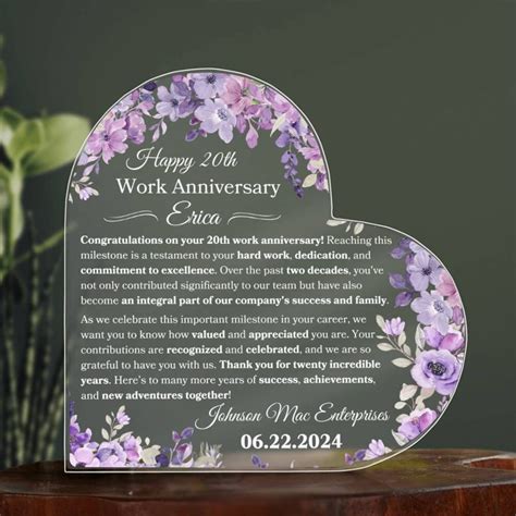 20th Work Anniversary Gift Personalized Plaque for 20 Year Work ...