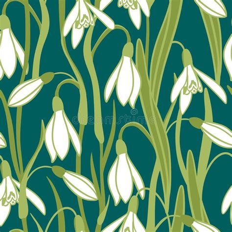 Hand Drawn Seamless Pattern Of Green Snowdrop Galanthus Flower With