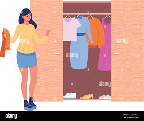 Woman Choosing Clothes From Wardrobe Closet Home Storage Isolated On