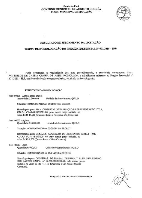 Termo de Homologação assinado Prefeitura Municipal de Augusto Corrêa