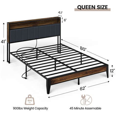 Gounni Queen Bed Frame With Led Lights Charging Station Outlets Usb