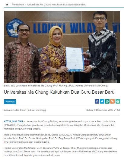 Universitas Ma Chung Kukuhkan Dua Guru Besar Baru Universitas Ma Chung