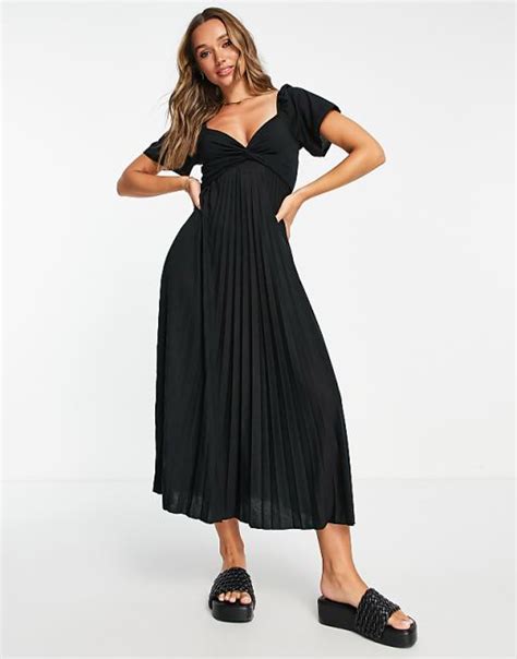 Asos Design Pleated Knot Detail Midi Dress In Black Asos