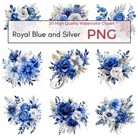 Royal Blue and Silver Floral Clipart, High Quality PNG, Spring Rustic ...