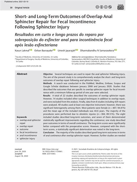 PDF Short And Long Term Outcomes Of Overlap Anal Sphincter Repair For Fecal Incontinence
