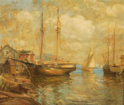 Oil On Canvas Of Sail Boats In A New England Harbor Illegibly Signed