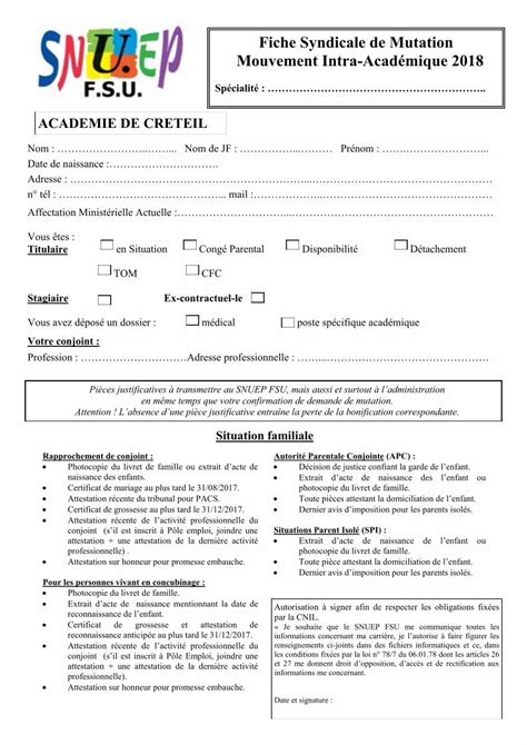 PDF Fiche Syndicale de Mutation Mouvement Intra Académique