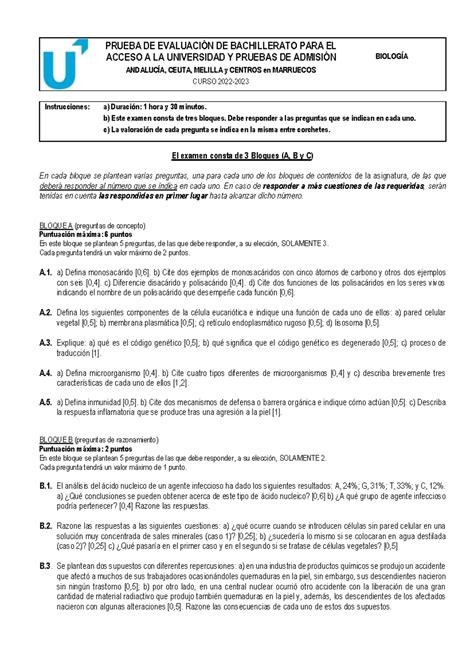 Examen Biologia Reserva B PRUEBA DE EVALUACIÓN DE BACHILLERATO PARA