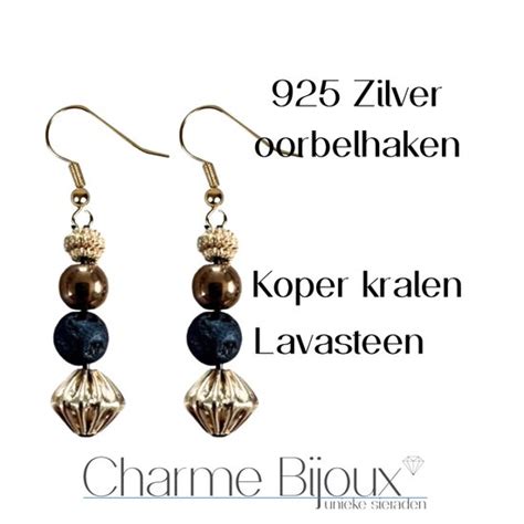 Zilver Lange Oorbellen Sita Lavasteen Zwart Koper Charme Bijoux Bol