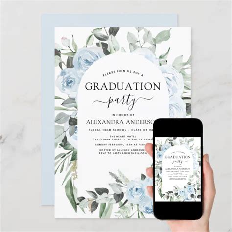 2022 Dusty Blue Graduation Floral Greenery Invitat Invitation Zazzle