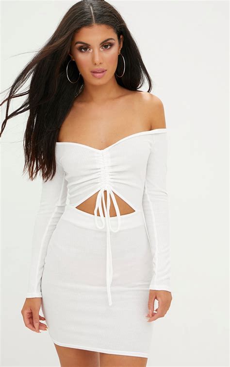 White Ribbed Ruched Plunge Bodycon Dress Dresses Prettylittlething