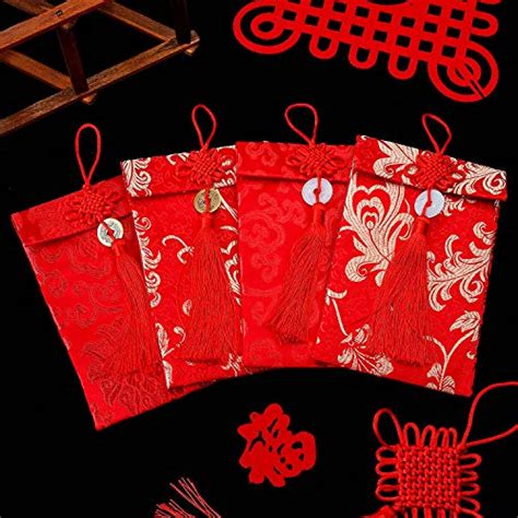 Tecunite 4 Pieces Chinese Element Festive Silk Red Envelopes T Card