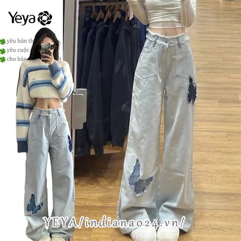 Quần Jeans Nữ Lưng Cao Ống Rộng Thêu Hình Bướm Thời Trang Shopee Việt Nam