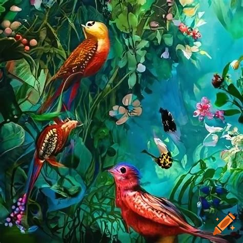 Illustration Of A Colorful Jungle With Birds And Butterflies On Craiyon