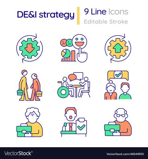 Dei strategy in workplace rgb color icons set Vector Image