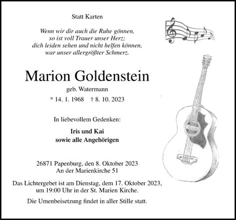 Traueranzeigen Von Marion Goldenstein Noz Trauerportal