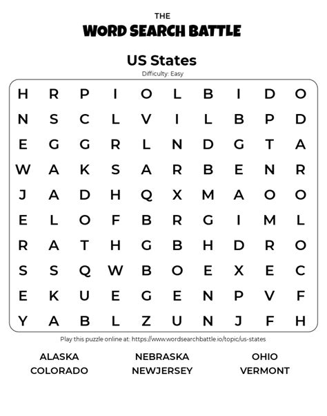 Printable US States Word Search