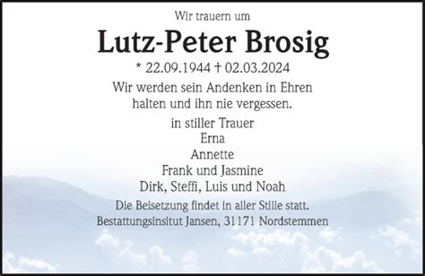 Traueranzeigen Von Lutz Peter Brosig Trauer Anzeigen De