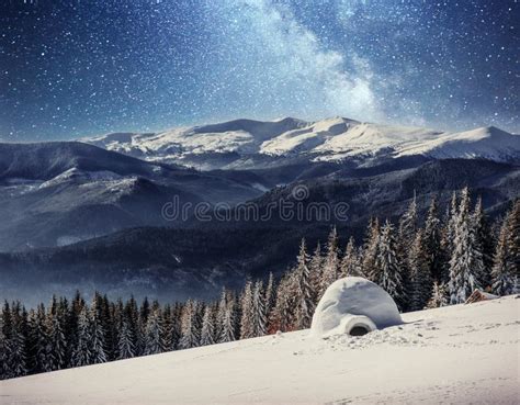 Yurt in the Snow in the Winter Forest. Starry Sky Over the Mountain Peaks Stock Photo - Image of ...