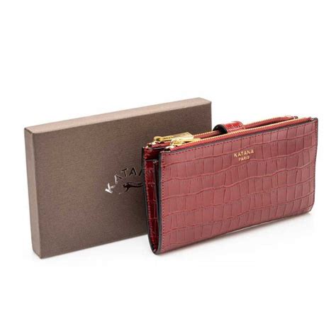 Portefeuille Long Femme En Cuir Croco KATANA Rouge Planetebag