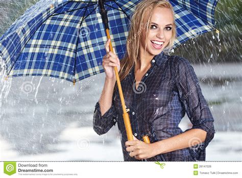 Sexy Woman With Blue Umbrella On Rainy Day Royalty Free Stock Image Image 26147026