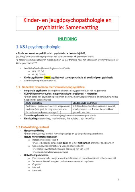 Psychopathologie En Pscychiatrie Kinderen En Jongeren Samenvatting